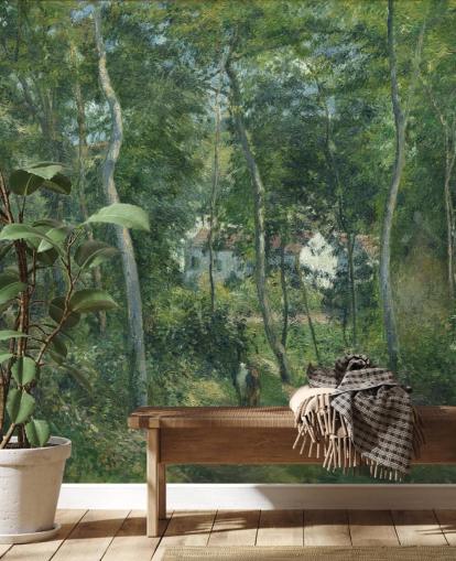 fine art wallpaper mural called Edge of the Woods Near L'Hermitage, Pontoise by Camille Pissarro for bedrooms and living rooms