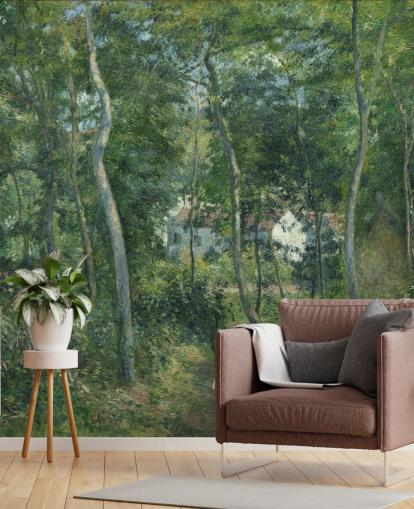fine art wallpaper mural called Edge of the Woods Near L'Hermitage, Pontoise by Camille Pissarro for bedrooms and living rooms fine art wallpaper mural called Edge of the Woods Near L'Hermitage, Pontoise by Camille Pissarro for bedrooms and living rooms