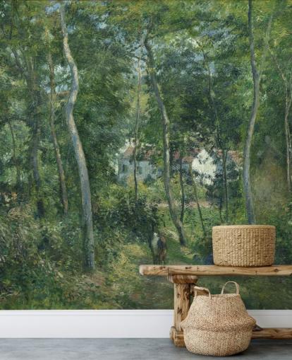 fine art behangmuurschildering genaamd Edge of the Woods Near L'Hermitage, Pontoise van Camille Pissarro voor slaapkamers en woonkamers