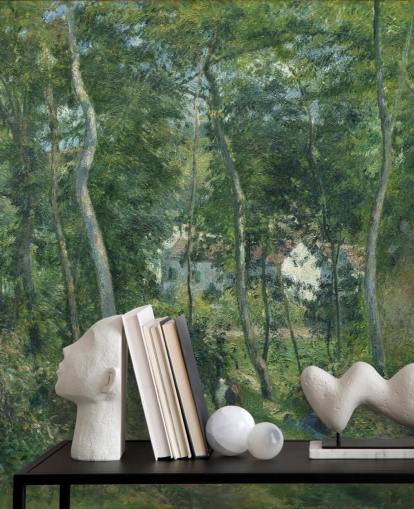 fine art behangmuurschildering genaamd Edge of the Woods Near L'Hermitage, Pontoise van Camille Pissarro voor slaapkamers en woonkamers