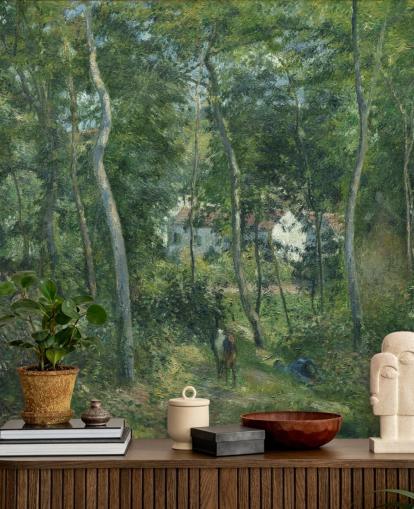 mural de papel pintado de bellas artes llamado Edge of the Woods Near L'Hermitage, Pontoise de Camille Pissarro para dormitorios y salas de estar