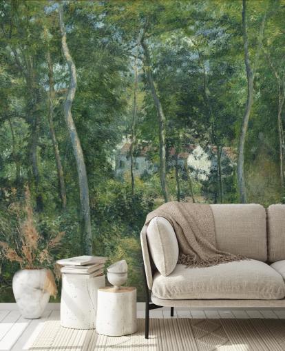 fine art wallpaper mural called Edge of the Woods Near L'Hermitage, Pontoise by Camille Pissarro for bedrooms and living rooms