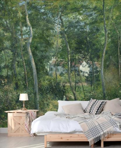 fine art wallpaper mural called Edge of the Woods Near L'Hermitage, Pontoise by Camille Pissarro for bedrooms and living rooms