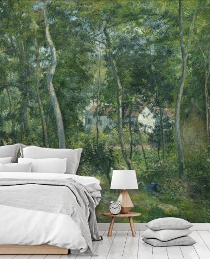 fine art behangmuurschildering genaamd Edge of the Woods Near L'Hermitage, Pontoise van Camille Pissarro voor slaapkamers en woonkamers fine art behangmuurschildering genaamd Edge of the Woods Near L'Hermitage, Pontoise van Camille Pissarro voor slaapkamers en woonkamers