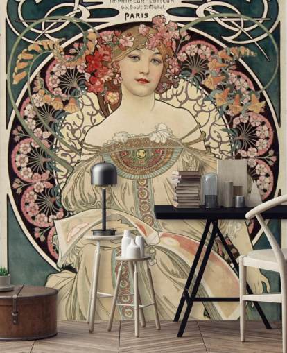kunstmuurschildering genaamd F. Champenois Imprimeur-Editeur van Alphonse Mucha kunstmuurschildering genaamd F. Champenois Imprimeur-Editeur van Alphonse Mucha
