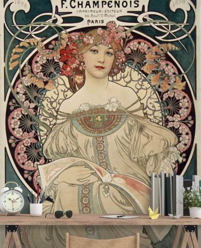 kunstvægmaleri kaldet F. Champenois Imprimeur-Editeur af Alphonse Mucha
