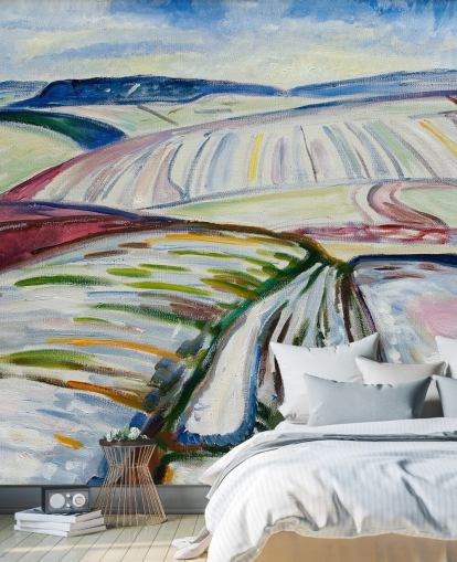 fine art behangmuurschildering genaamd Field in Snow van Edvard Munch voor lounges en keukens