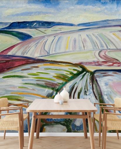 kunsttapet vægmaleri kaldet Field in Snow af Edvard Munch til lounger og køkkener
