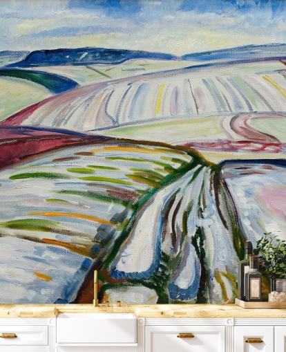 fine art wallpaper mural called Field in Snow by Edvard Munch for lounges and kitchens fine art wallpaper mural called Field in Snow by Edvard Munch for lounges and kitchens
