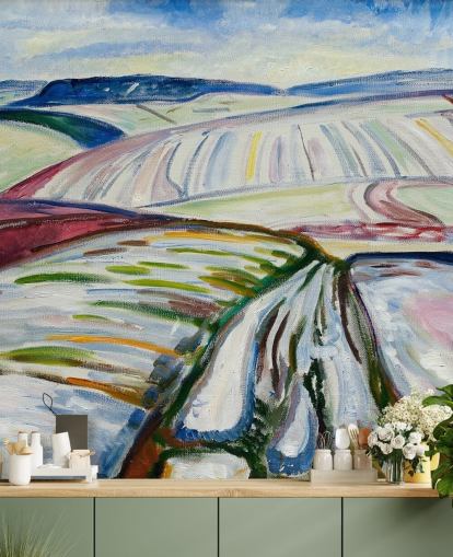 fine art wallpaper mural called Field in Snow by Edvard Munch for lounges and kitchens fine art wallpaper mural called Field in Snow by Edvard Munch for lounges and kitchens