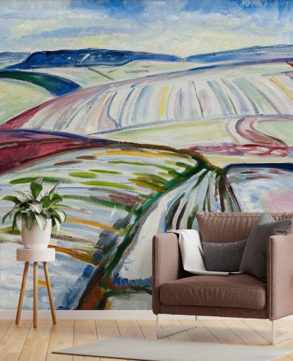 fine art wallpaper mural called Field in Snow by Edvard Munch for lounges and kitchens fine art wallpaper mural called Field in Snow by Edvard Munch for lounges and kitchens