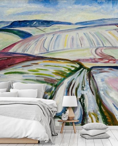 mural de papel pintado de bellas artes llamado Field in Snow de Edvard Munch para salones y cocinas