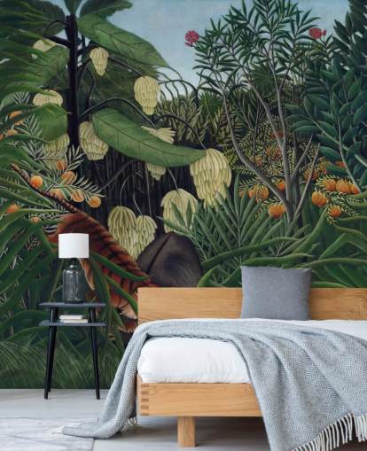 kunsttapet veggmaleri kalt Kamp mellom en tiger og en bøffel av Henri Rousseau