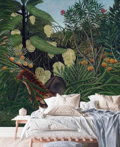 papier peint mural d'art intitulé Combat entre un tigre et un buffle par Henri Rousseau