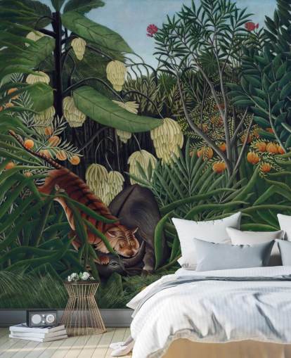 kunstbehangmuurschildering genaamd Fight between a Tiger and a Buffalo van Henri Rousseau