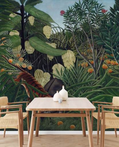 fine art wallpaper mural called Fight between a Tiger and a Buffalo by Henri Rousseau
