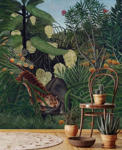 kunsttapet veggmaleri kalt Kamp mellom en tiger og en bøffel av Henri Rousseau kunsttapet veggmaleri kalt Kamp mellom en tiger og en bøffel av Henri Rousseau