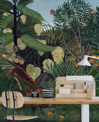mural de papel pintado de bellas artes llamado Lucha entre un tigre y un búfalo de Henri Rousseau
