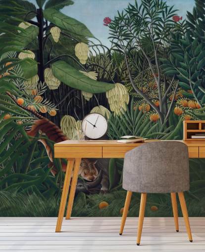 fine art wallpaper mural called Fight between a Tiger and a Buffalo by Henri Rousseau