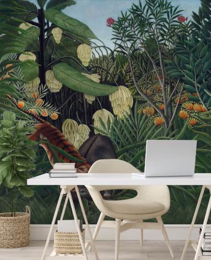 kunsttapet veggmaleri kalt Kamp mellom en tiger og en bøffel av Henri Rousseau