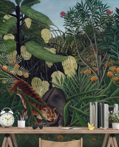 mural de papel pintado de bellas artes llamado Lucha entre un tigre y un búfalo de Henri Rousseau