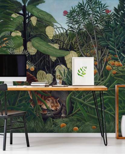 kunsttapet vægmaleri kaldet Kampen mellem en tiger og en bøffel af Henri Rousseau