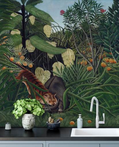 papier peint mural d'art intitulé Combat entre un tigre et un buffle par Henri Rousseau