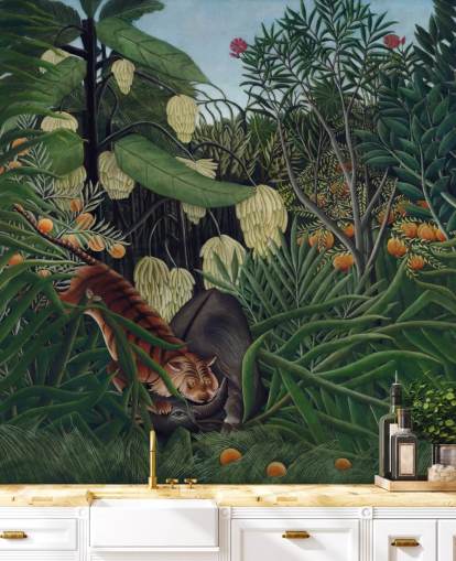 kunsttapet vægmaleri kaldet Kampen mellem en tiger og en bøffel af Henri Rousseau kunsttapet vægmaleri kaldet Kampen mellem en tiger og en bøffel af Henri Rousseau
