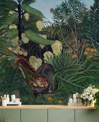 konst tapetväggmålning kallad Kampen mellan en tiger och en buffel av Henri Rousseau konst tapetväggmålning kallad Kampen mellan en tiger och en buffel av Henri Rousseau