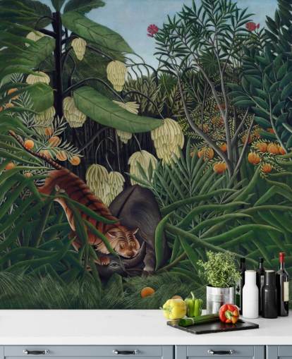 kunsttapet vægmaleri kaldet Kampen mellem en tiger og en bøffel af Henri Rousseau