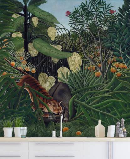 kunsttapet veggmaleri kalt Kamp mellom en tiger og en bøffel av Henri Rousseau
