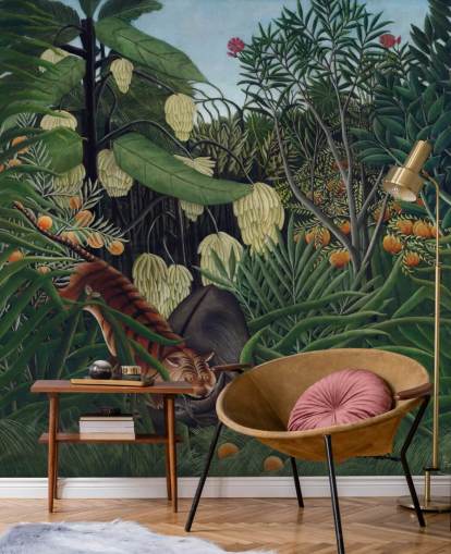 fine art wallpaper mural called Fight between a Tiger and a Buffalo by Henri Rousseau