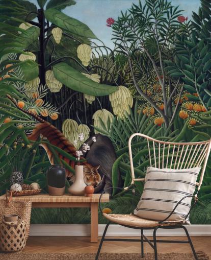 mural de papel de parede de belas artes chamado Fight between a Tiger and a Buffalo, de Henri Rousseau