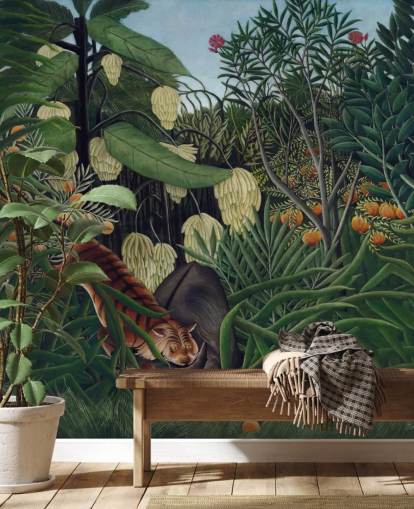 carta da parati fine art chiamata Lotta tra una tigre e un bufalo di Henri Rousseau