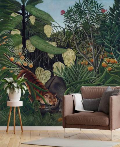 mural de papel pintado de bellas artes llamado Lucha entre un tigre y un búfalo de Henri Rousseau