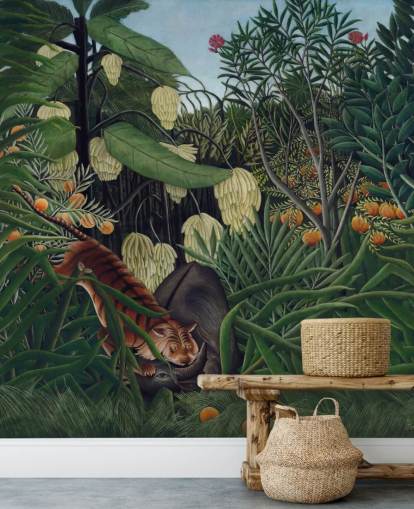 fine art wallpaper mural called Fight between a Tiger and a Buffalo by Henri Rousseau