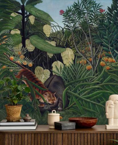 fine art wallpaper mural called Fight between a Tiger and a Buffalo by Henri Rousseau