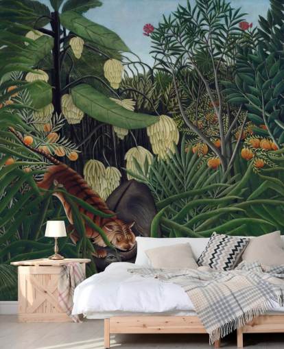 fine art wallpaper mural called Fight between a Tiger and a Buffalo by Henri Rousseau