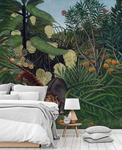 fine art wallpaper mural called Fight between a Tiger and a Buffalo by Henri Rousseau fine art wallpaper mural called Fight between a Tiger and a Buffalo by Henri Rousseau