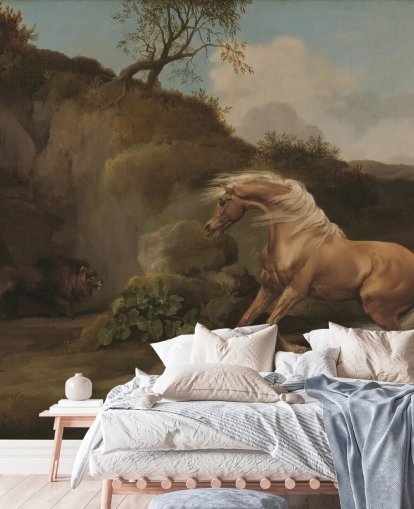 Kunsttapete mit dem Titel Horse Frightened by a Lion von George Stubbs