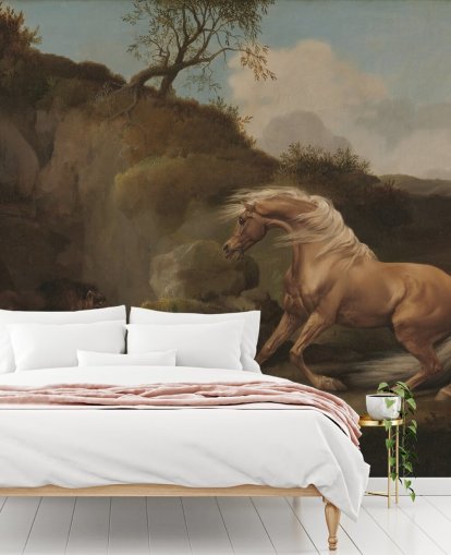 kunstmuurschildering genaamd Horse Frightened by a Lion van George Stubbs
