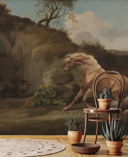 kunstvægmaleri kaldet Horse Frighted by a Lion af George Stubbs kunstvægmaleri kaldet Horse Frighted by a Lion af George Stubbs