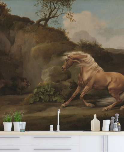 Kunsttapete mit dem Titel Horse Frightened by a Lion von George Stubbs Kunsttapete mit dem Titel Horse Frightened by a Lion von George Stubbs