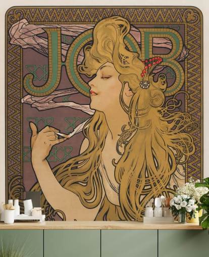 art nouveau wallpaper mural called Job (1896) by Alphonse Mucha for living rooms and bedrooms