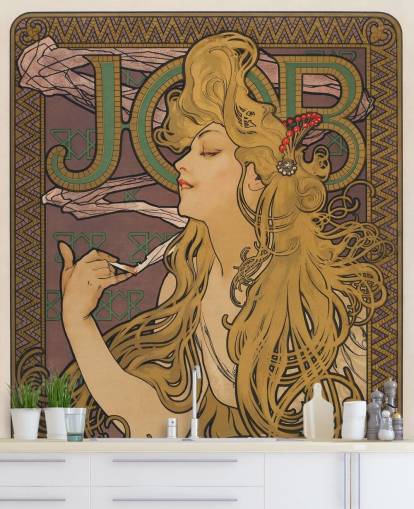 mural de papel de parede art nouveau chamado Job (1896) de Alphonse Mucha para salas de estar e quartos mural de papel de parede art nouveau chamado Job (1896) de Alphonse Mucha para salas de estar e quartos