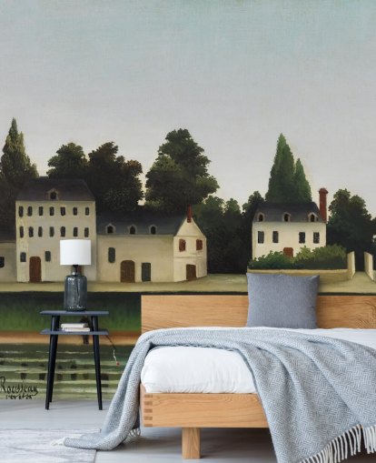 mural de papel de parede personalizável de belas artes chamado Landscape and Four Fisherman, de Henri Rousseau