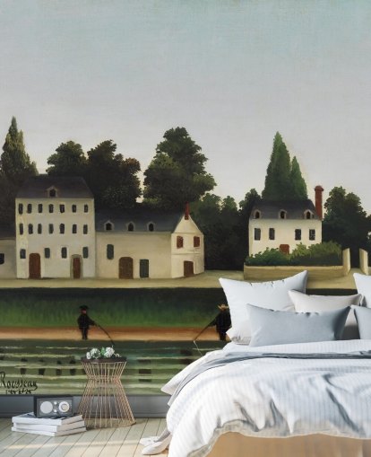 mural de papel de parede personalizável de belas artes chamado Landscape and Four Fisherman, de Henri Rousseau mural de papel de parede personalizável de belas artes chamado Landscape and Four Fisherman, de Henri Rousseau