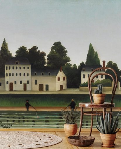 op maat gemaakte kunstbehangmuurschildering genaamd Landscape and Four Fisherman van Henri Rousseau