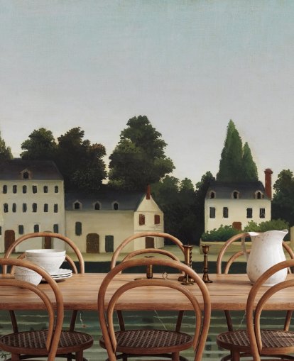 carta da parati murale personalizzabile d'arte chiamata Landscape and Four Fisherman di Henri Rousseau carta da parati murale personalizzabile d'arte chiamata Landscape and Four Fisherman di Henri Rousseau