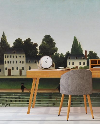 carta da parati murale personalizzabile d'arte chiamata Landscape and Four Fisherman di Henri Rousseau